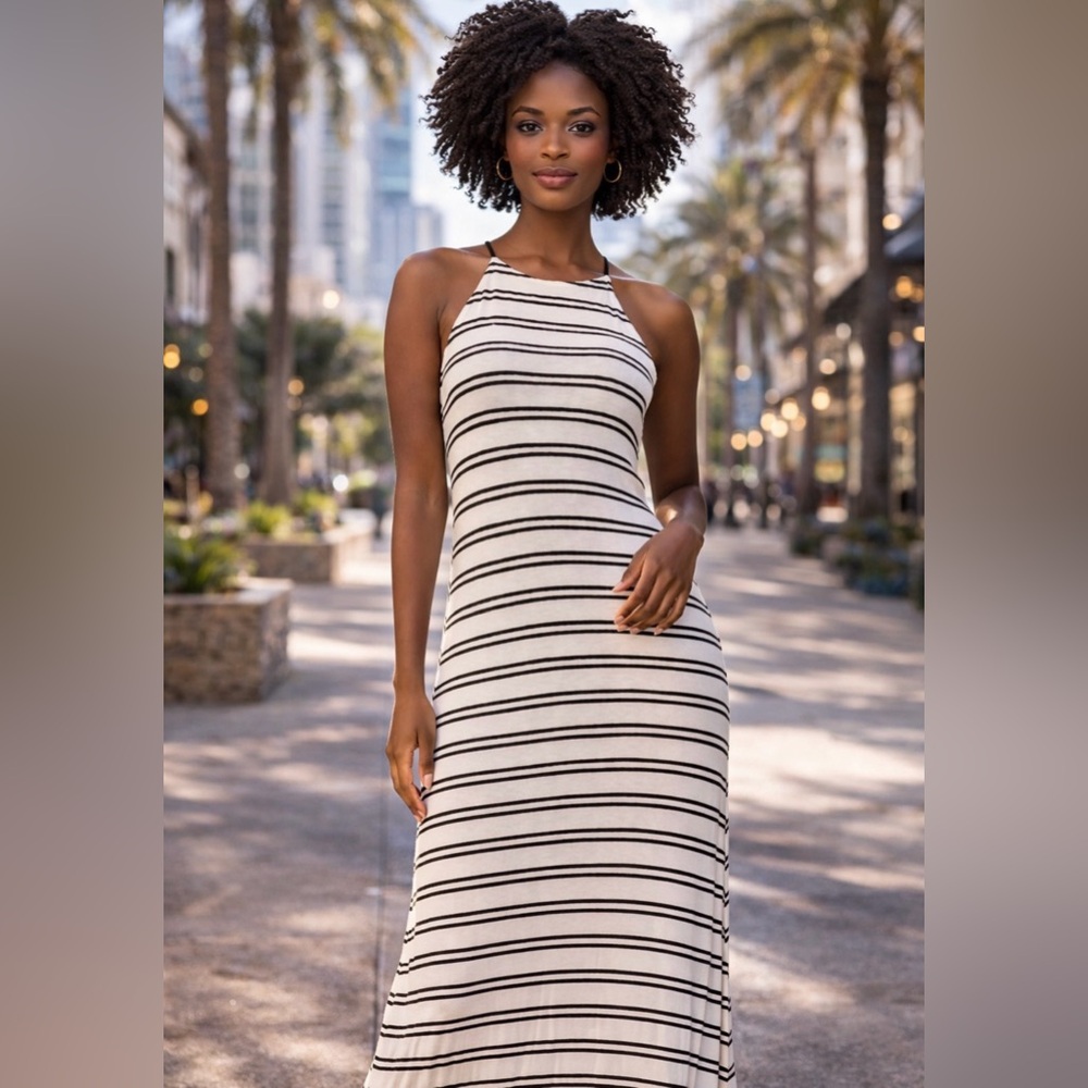 Black & White Striped Sleeveless Bodycon Maxi Dress | Minimalist | Size L